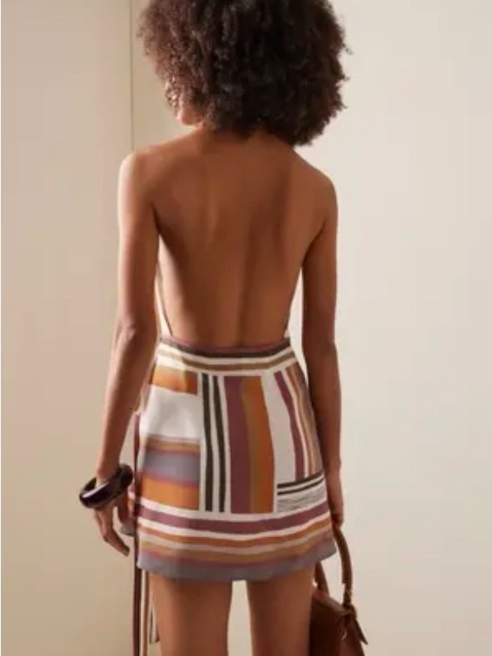 SIR the label Striped Halter Wrap Mini Dress in Rust, Cream & Mauve - Picture 7 of 8